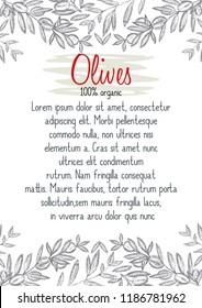 Page template with hand drawn sketch olives and tree branches for packaging design, retro style, monochrome vector illustration.