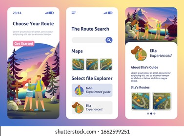 Page Template Mobile App. Vacationers Choose a Route For Their Vacation. Beautiful View of Lake and Forest. Flat 2D character.