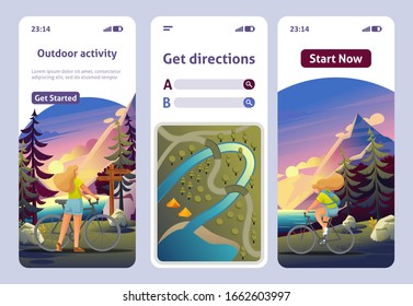 Page Template Mobile App..Active Recreation in the Forest. Choose Route for a Cycling. Flat 2D Character