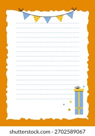 Page template for notebook and diary entries with a garland and birthday gift