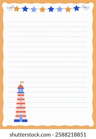 Page template for notes with a garland of stars and a lighthouse