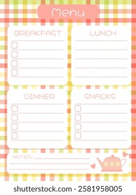 page template for planning the menu for the day in bright colors with a pink kettle