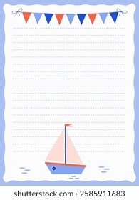 Page template for records on the sea theme with a boat and colored flags