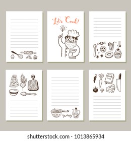 Page Template Set For Notes Or Cooking Recipe Cards With Hand Drawn Doodle Food And Kitchen Design Elements