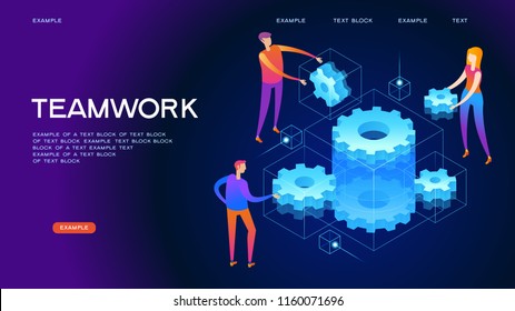 Page template of teamwork. Modern 3d isometric vector illustration of web page.  Design concept.