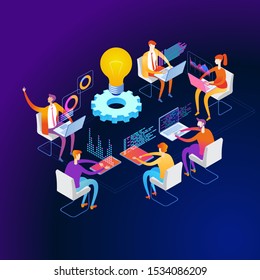 Page template of teamwork. Modern 3d isometric vector illustration of web page.  Design concept.