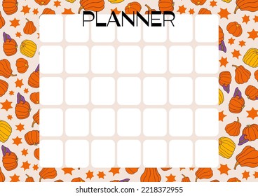 Page template for time management, blank monthly planner. Autumn design template, hand drawn pumpkins, flat vector illustration