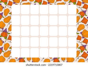 Page template for time management, blank monthly planner. Autumn design template, hand drawn pumpkins, flat vector illustration