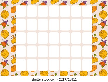 Page template for time management, blank monthly planner. Autumn design template, hand drawn pumpkins, flat vector illustration