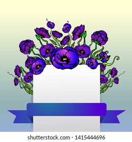 Page template for web and print  blue and yellow background with blue purple floral bouquet. Creative vector design, elegant with poppy flowers concept