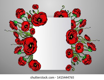 Page template for web and print  gray background with red flowers. Creative vector design, elegant with poppy flowers concept