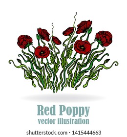 Page template for web and print  white background with red bouquet of poppies. Creative vector design, elegant with poppy flowers concept