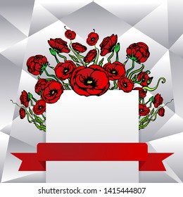 Page template for web and print with white gray sliced background and floral buquiet . Creative vector design, elegant with poppy flowers concept