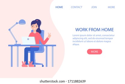 The page template of the website, she works from home. The concept of remote work, training, and self-isolation during a coronavirus epidemic. Flat vector illustration.