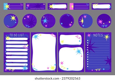 Page templates for the child planner. A sheet of paper for a notebook, an organizer. Sheets of paper for printing for the organizer. Backgrounds for plans, notes. Flat vector illustrations