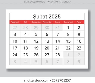 Page of Turkish calendar for february 2025 - takvim. Vector illustration for winter month for Turkey