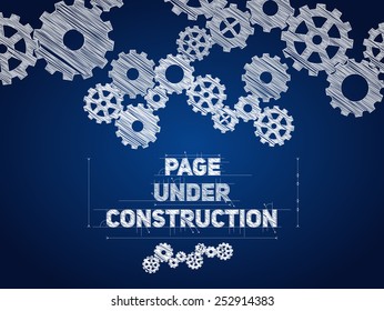 Page Under construction blueprint, sketched drawing with gear wheels