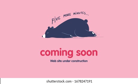 Page under construction template. Sleeping lazy bear. Coming soon web page design. Cartoon vector flat illustration.