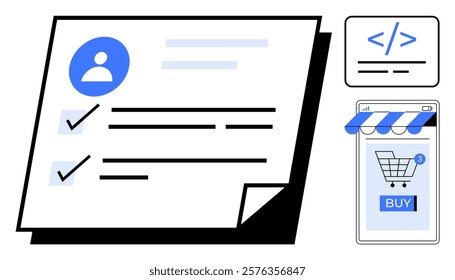 Page with user profile, code snippet, and smartphone showing shopping cart with buy button. Ideal for e-commerce, web design, online shopping, user interface design, software development. Flat style