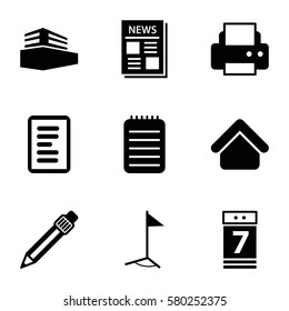 page vector icons. Set of 9 page filled icons such as house building, printer, news, notebook, pen, calendar 7 date, documents box, flag