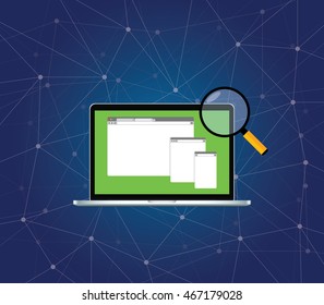 page view concept illustration with laptop and magnifying glass and browser with galaxy background vector graphic