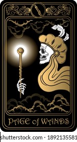 Page of Wands. Card of Minor arcana black and gold tarot cards. Tarot deck. Vector hand drawn illustration with skull, occult, mystical and esoteric symbols.