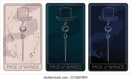 Page of Wands. A card of Minor arcana one line drawing tarot cards. Tarot deck. Vector linear hand drawn illustration with occult, mystical and esoteric symbols. 3 colors. Proposional to 2,75x4,75 in.