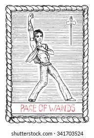 Page of wands. The minor arcana tarot card, vintage hand drawn engraved illustration with mystic symbols. Handsome man, dancer or leader with one hand up, victory pose