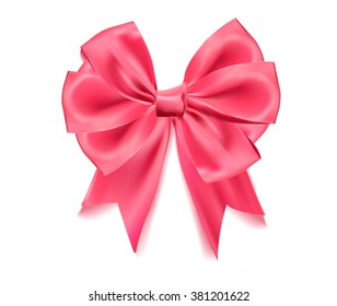 page web design, advertisement element. Pink glossy shiny realistic bowtie, bow with tails. Sign of best quality, intelligence, elegance. 3d vector illustration, rosette.