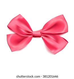 page web design, advertisement element. Pink glossy shiny realistic bowtie, bow with tails. Sign of best quality, intelligence, elegance. 3d vector illustration, rosette.