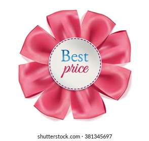 page web design, advertisement element. Pink glossy shiny realistic bowtie, bow with tails. Sign of best quality, intelligence, elegance. 3d vector illustration, rosette.