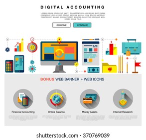 Page Web Design Flat Template With Bright Flat Icons Of Digital Accounting Service, Investment Research, Business Data Market Analysis. Flat Design Graphic Image Concept, Website Elements Layout.