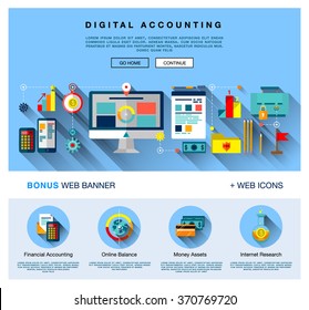 Page web design flat template with bright flat icons of digital accounting service, investment research, business data market analysis. Flat design graphic image concept, website elements layout.