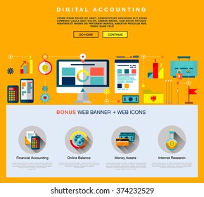 Page web design flat template with bright flat icons of digital accounting service, investment research, business data market analysis. Flat design graphic image concept, website elements layout.