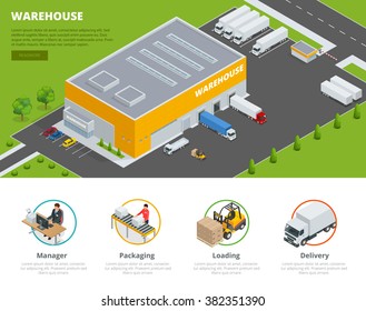 Page web design template. Set of flat vector web banners on the theme of Logistics, Warehouse, Freight, Cargo Transportation. Storage of goods.  Vector 3d isometric illustration