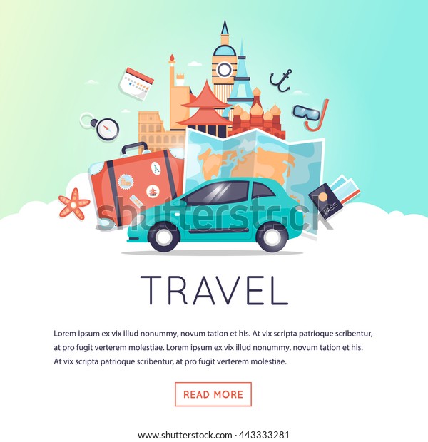 Page web\
design template World Travel, Travel by car, summer vacation,\
tourism and journey, traveling set of icons. Vintage suitcase with\
stickers. Flat design vector\
illustration.