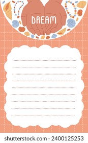 page for writing down thoughts dreams, and memories.diary page. planner page. shells templates decorated.school scheduler and organizer