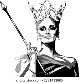 Pageant or Drag race winner: line image of man dressed up as a woman with scepter and crown, performance art