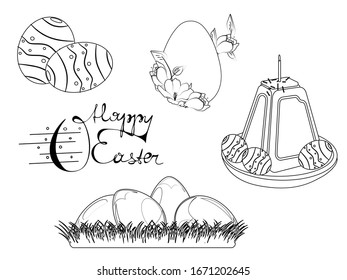 Сoloring pages in black and white with Easter pictures for children . Happy Easter lettering, Easter eggs and Easter cake