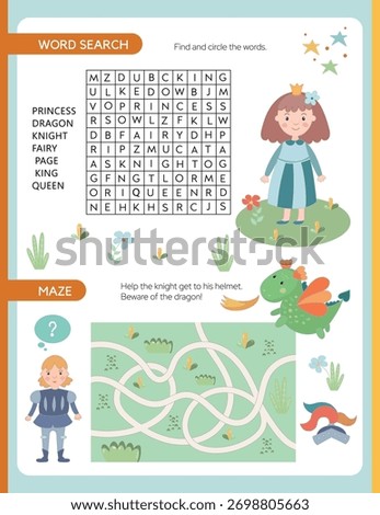 Pages for a children's activity book. The theme is a fairytale kingdom. Maze, word search. Fun activities for preschool children. Kids book kingdom theme. Vector illustration.