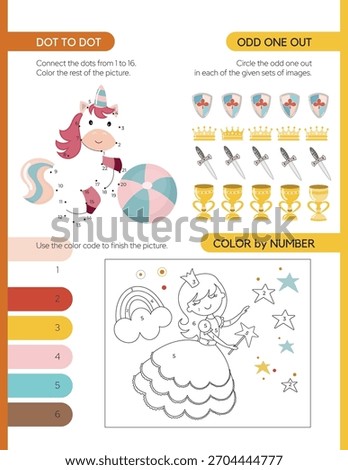 Pages for a children's activity book. The theme is a fairytale kingdom. Dot-to-dot, and Color by number, Odd one out. Fun activities for preschool and school-age children. Vector illustration.