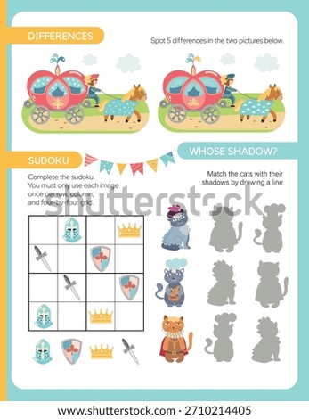 Pages for a children's activity book. The theme is a fairytale kingdom. Defferences, sudoku, and Whose shadow. Fun activities for preschool children. Vector illustration.