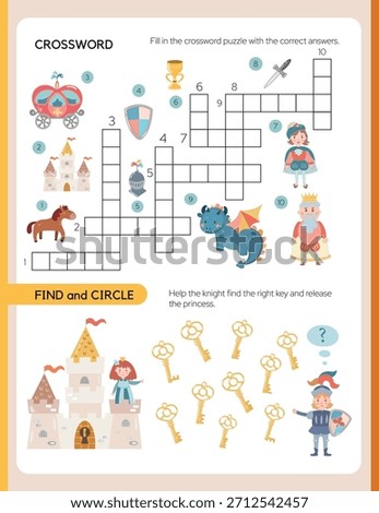 Pages for a children's activity book. The theme is a fairytale kingdom. Crossword, find und circle. Fun activities for preschool children. Kids book kingdom theme. Vector illustration.