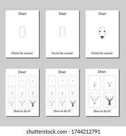 Pages for coloring. Deer and step by step drawing. Set of different options for the education of children.