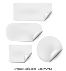 Pages curl set with shadow on blank sheet of paper. White paper sticker. Element for advertising and promotional message isolated on white background. Vector illustration for your design and business