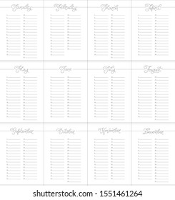 Pages for the diary. Vector graphics. Handwritten months