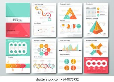 Pages with flat and volumetric diagram, graph, chart and timeline elements. Business analytics visualization concept. Simple infographic brochure layout. Vector illustration for statistical report.