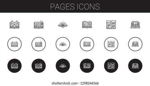 pages icons set. Collection of pages with open book. Editable and scalable pages icons.