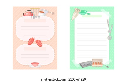 Pages with lines for recipe entries. Recipe book page templates set cartoon vector illustration