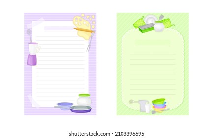 Pages with lines for recipe entries. Recipe book page templates with kitchen utensils set vector illustration